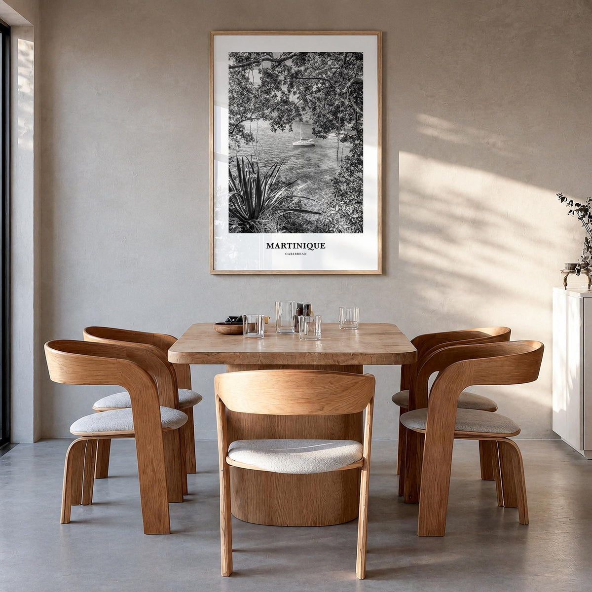 Martinique black & white classic poster of Caribbean – vertical wall art in natural wood frame, hanging on wall