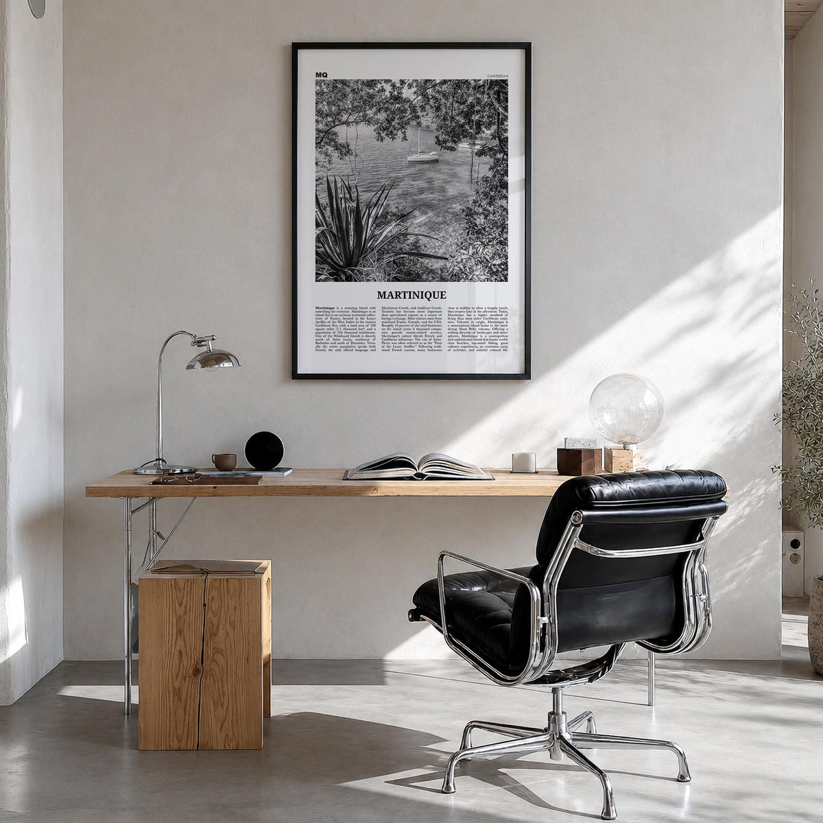 Martinique black & white newspaper poster of Caribbean – vertical wall art in black wood frame, hanging on wall
