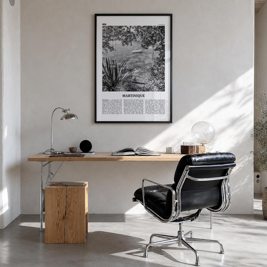 Martinique black & white newspaper poster of Caribbean – vertical wall art in black wood frame, hanging on wall