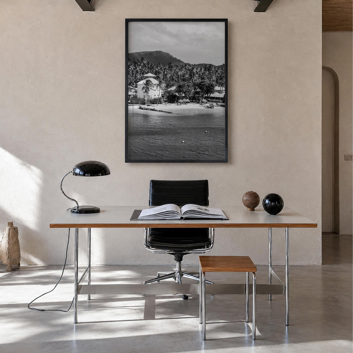 Martinique black & white photo poster of Caribbean – vertical wall art in black wood frame, hanging on wall