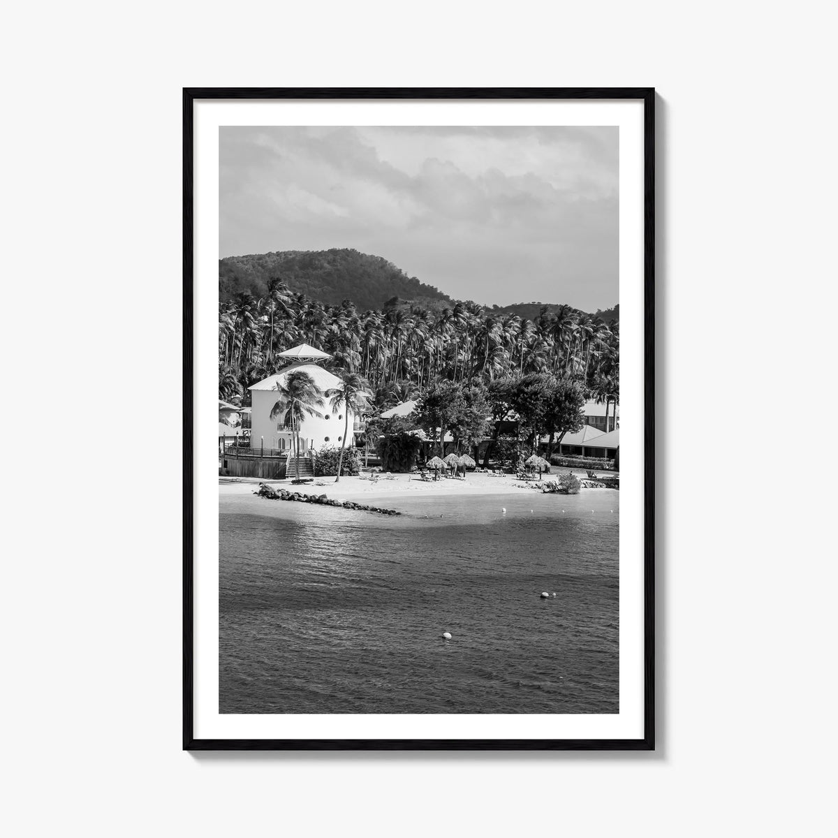 Martinique black & white photo poster of Caribbean – vertical wall art, unframed print shown in interior mockup