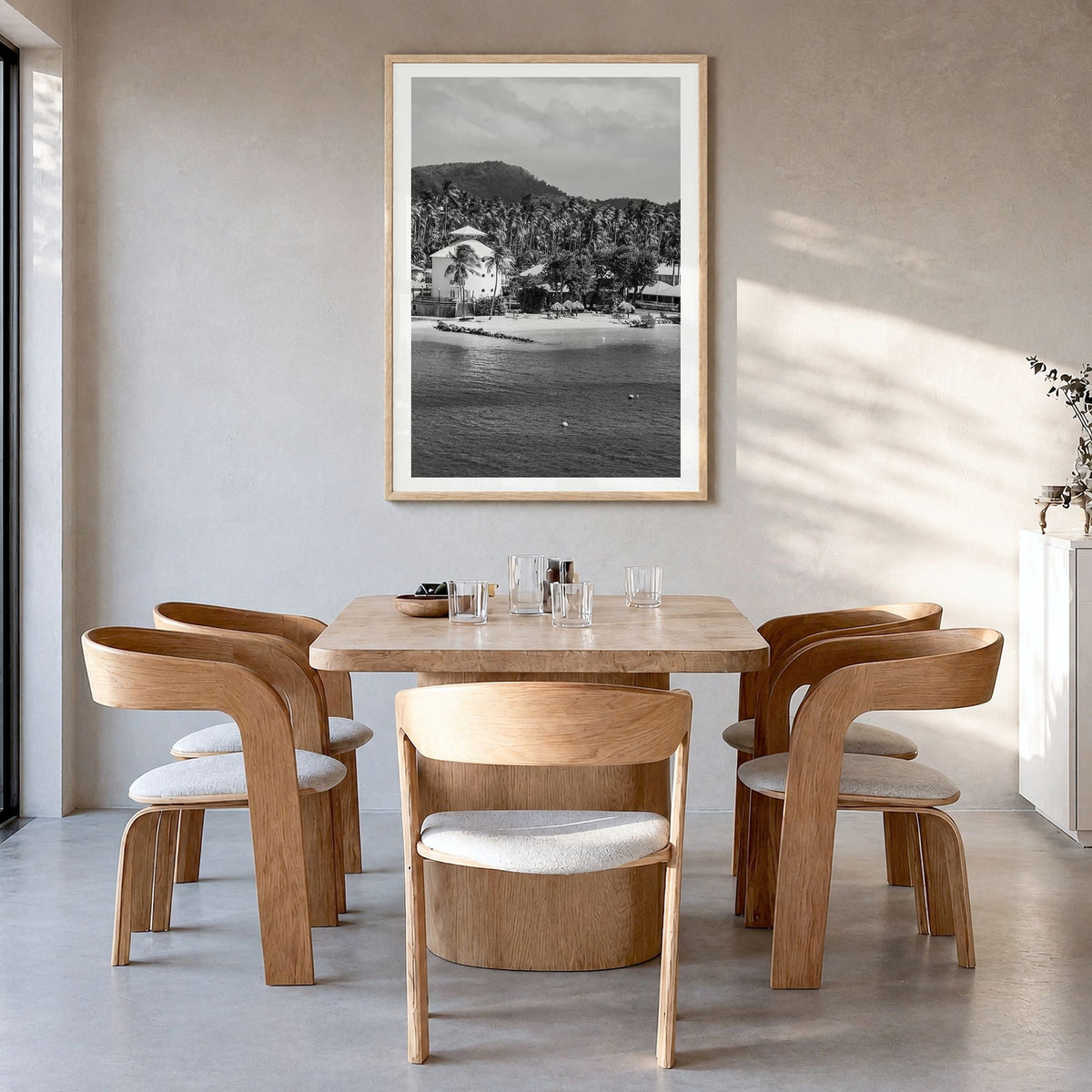 Martinique Photo Poster in a natural wood frame, hanging in a dining room, white border