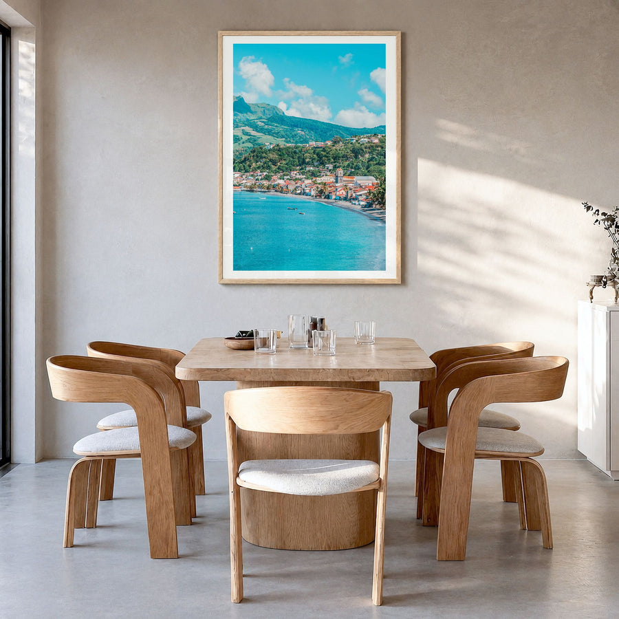 Martinique Photo Poster in a natural wood frame, hanging in a dining room, white border