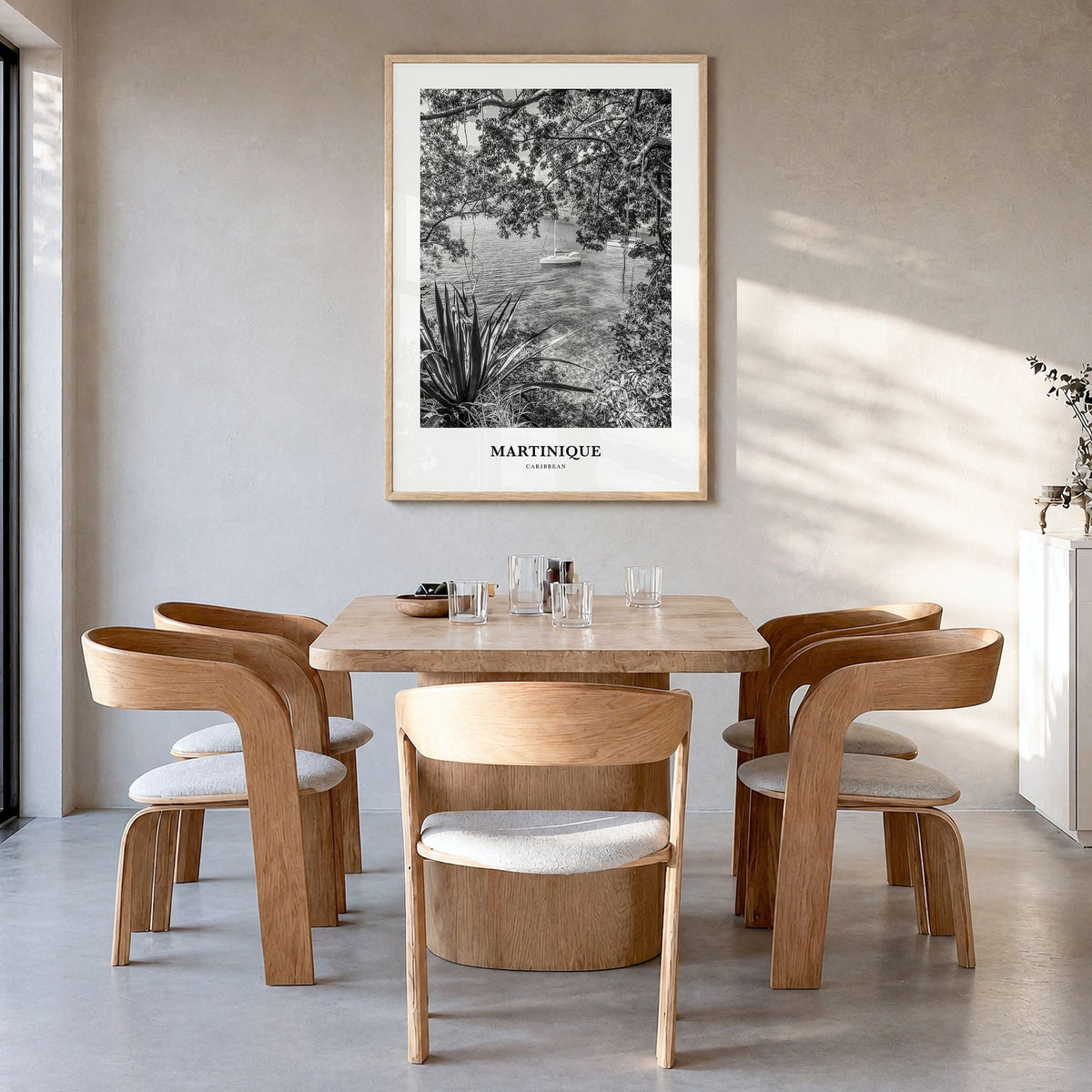 Martinique Classic Poster in a natural wood frame, hanging in a dining room