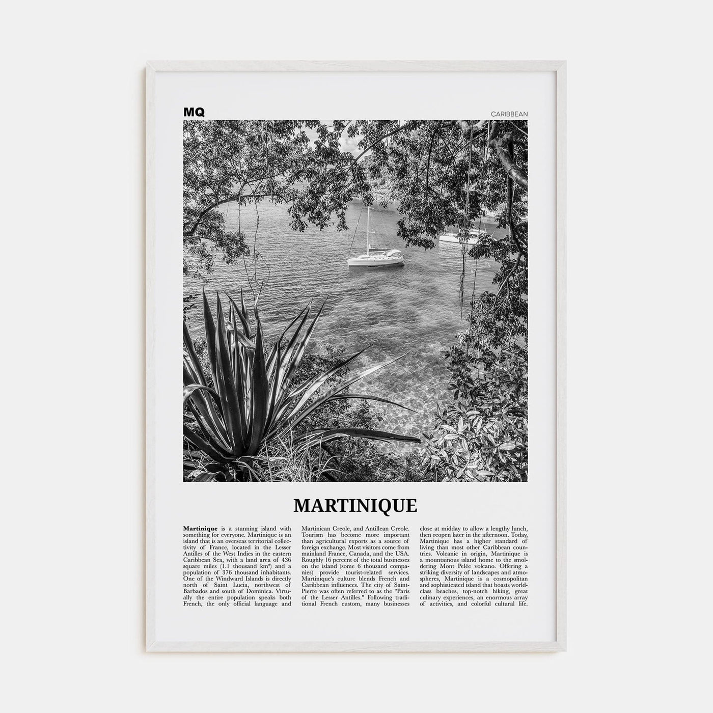 Martinique Poster White Wood / 8x12 in Nbourhood Travel B&W Poster