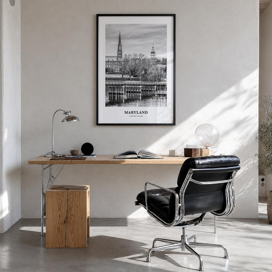 Maryland black & white classic poster of United States – vertical wall art in black wood frame, hanging on wall