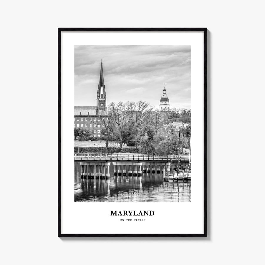 Maryland black & white classic poster of United States – vertical wall art, unframed print shown in interior mockup