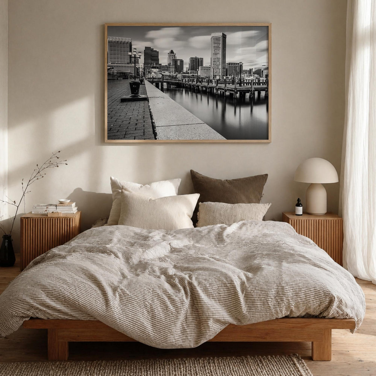 Maryland black & white photo poster of United States – horizontal wall art in natural wood frame, hanging on wall