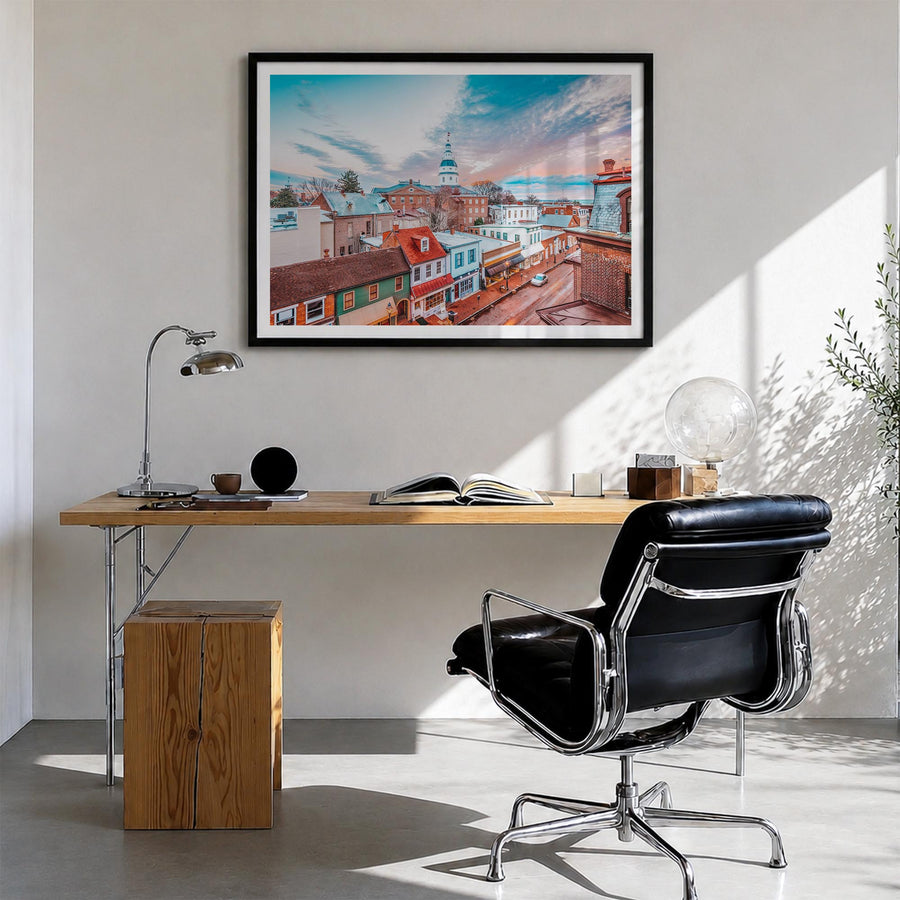 Maryland colorful photo poster of United States – horizontal wall art in black wood frame with white border, hanging on wall