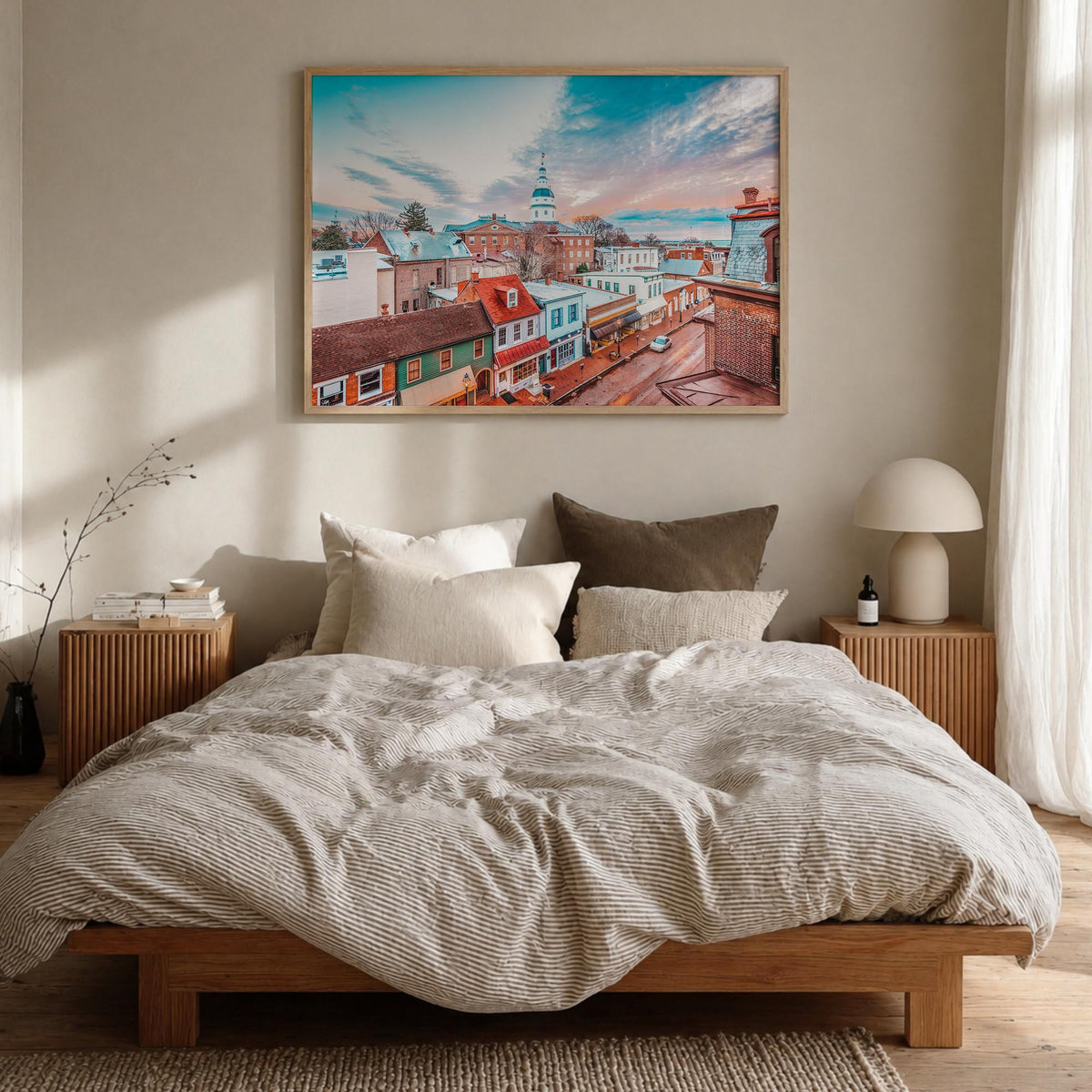Maryland colorful photo poster of United States – horizontal wall art in natural wood frame, hanging on wall