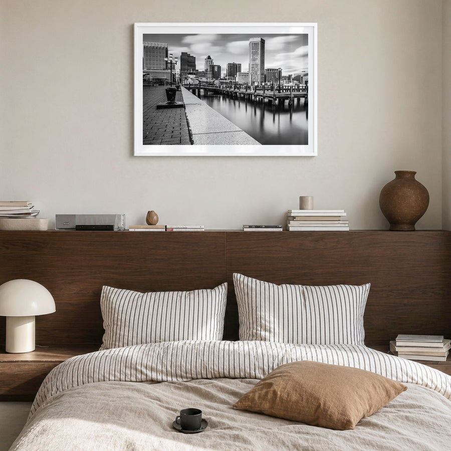 Maryland Photo Poster in a white wood frame, hanging in a bedroom, white border