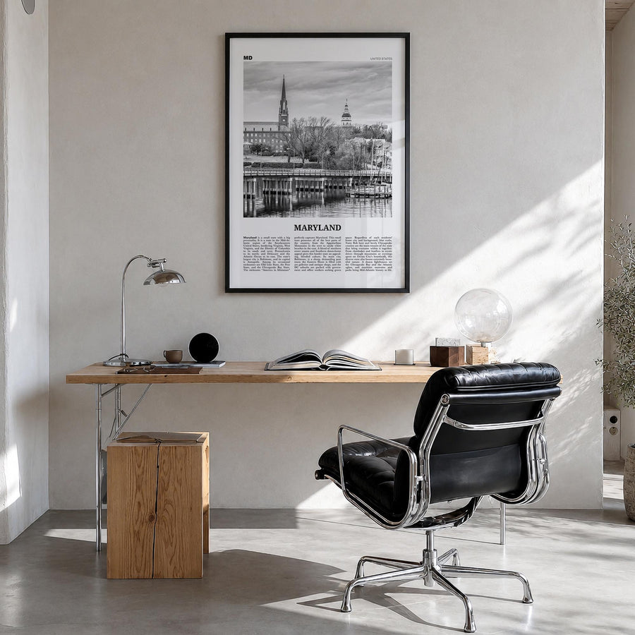 Maryland no. 1 black & white newspaper poster of United States – vertical wall art in black wood frame, hanging on wall