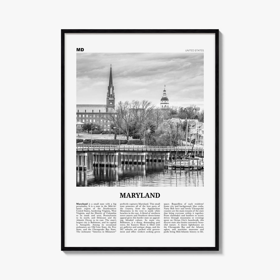 Maryland no. 1 black & white newspaper poster of United States – vertical wall art, unframed print shown in interior mockup
