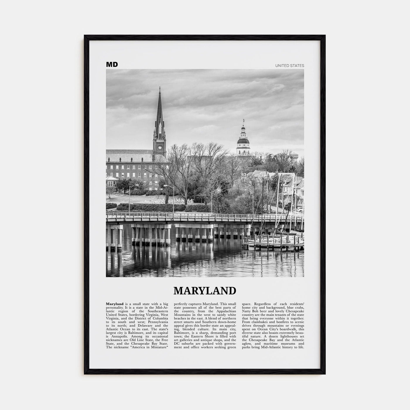 Maryland No 1 Poster Black Wood / 8x12 in Nbourhood Travel B&W Poster