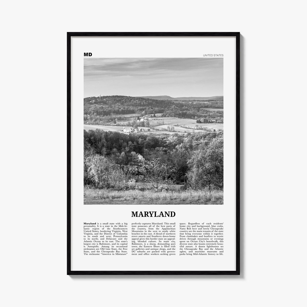 Maryland no. 2 black & white newspaper poster of United States – vertical wall art, unframed print shown in interior mockup