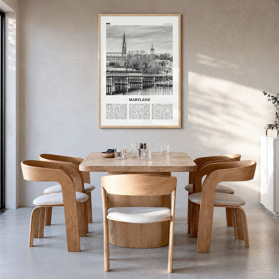 Maryland Newspaper No 1 Poster in a natural wood frame, hanging in a dining room