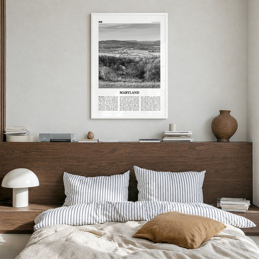Maryland Newspaper No 2 Poster in a white wood frame, hanging in a bedroom