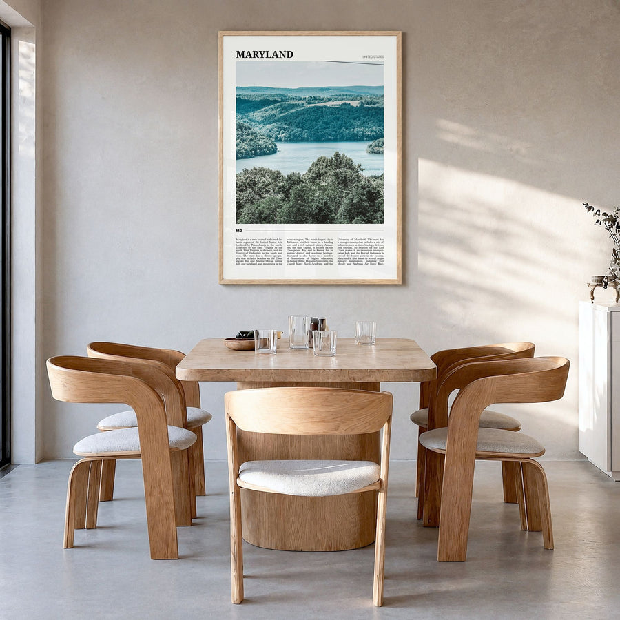 Maryland Travel Poster in a natural wood frame, hanging in a dining room