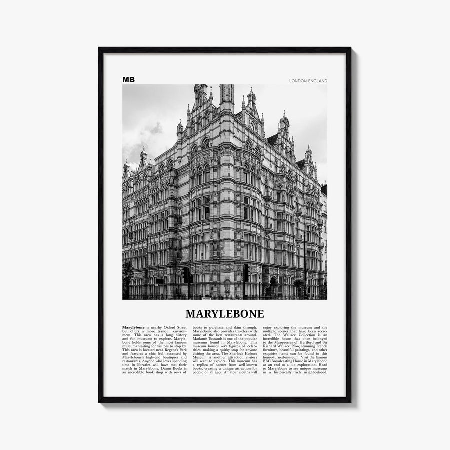 Marylebone black & white newspaper poster of United Kingdom – vertical wall art, unframed print shown in interior mockup