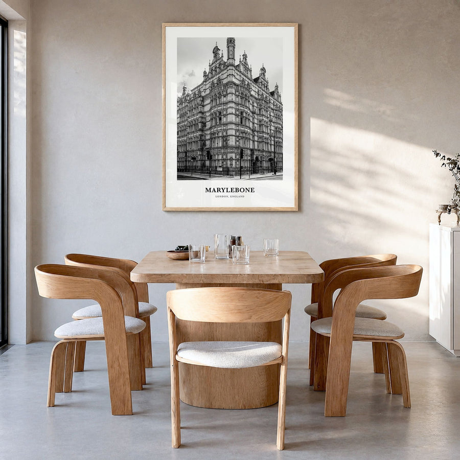 Marylebone Classic Poster in a natural wood frame, hanging in a dining room
