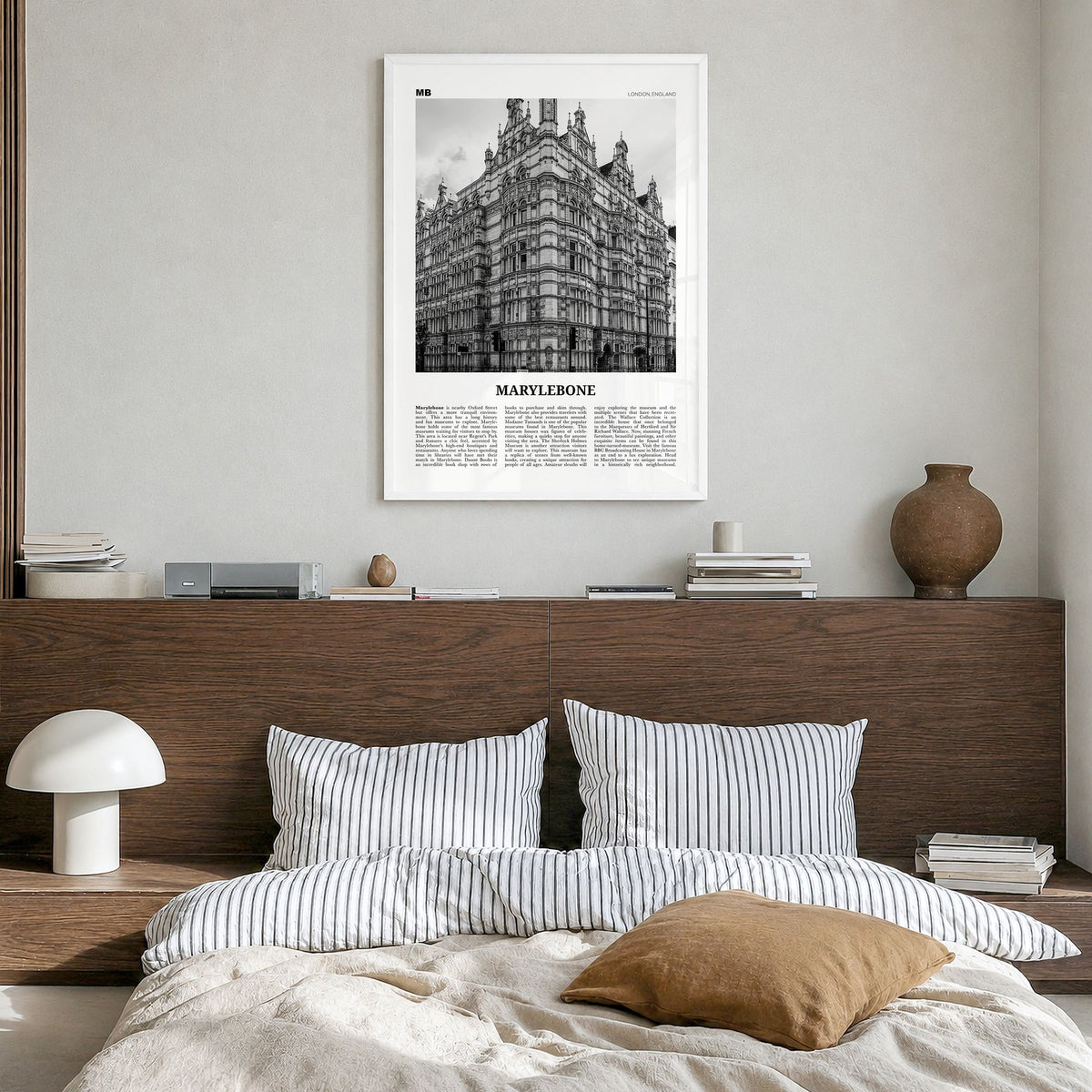 Marylebone Newspaper Poster in a white wood frame, hanging in a bedroom