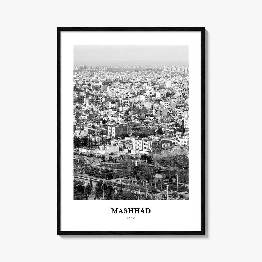 Mashhad black & white classic poster of Iran – vertical wall art, unframed print shown in interior mockup