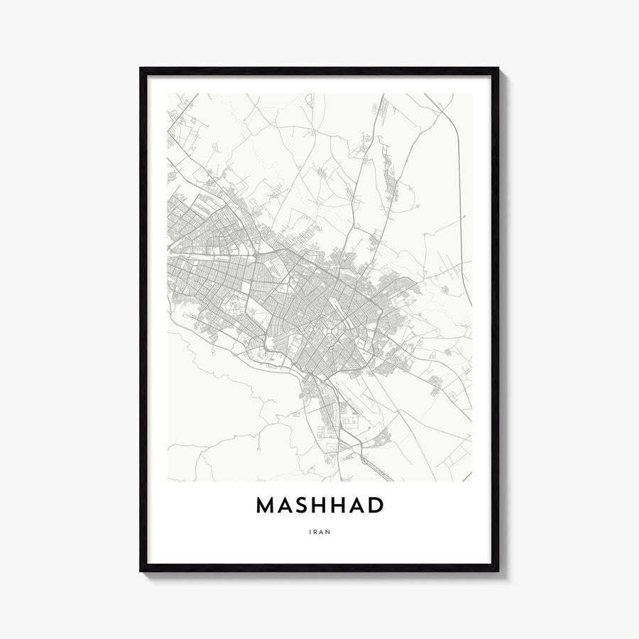 Mashhad black & white map poster of Iran – vertical wall art, unframed print shown in interior mockup