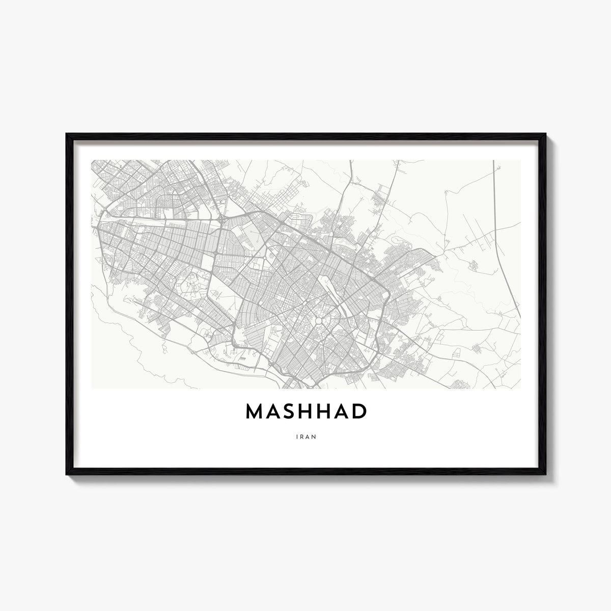 Mashhad black & white map poster of Iran – horizontal wall art, unframed print shown in interior mockup