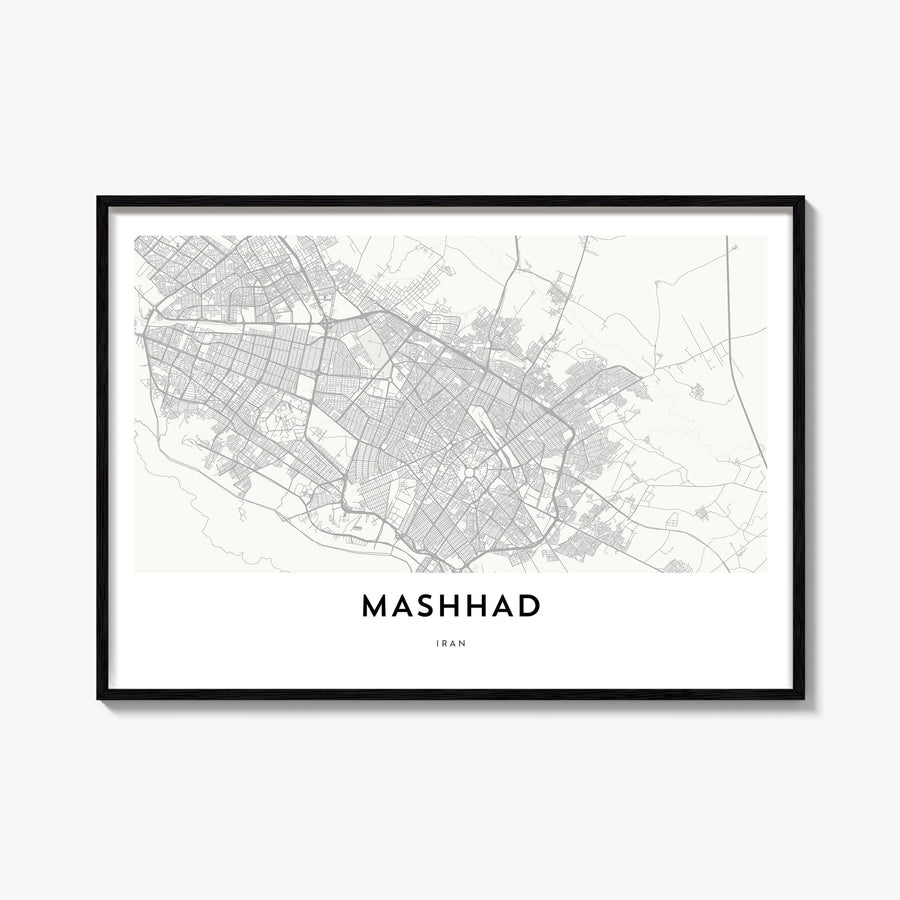 Mashhad black & white map poster of Iran – horizontal wall art, unframed print shown in interior mockup