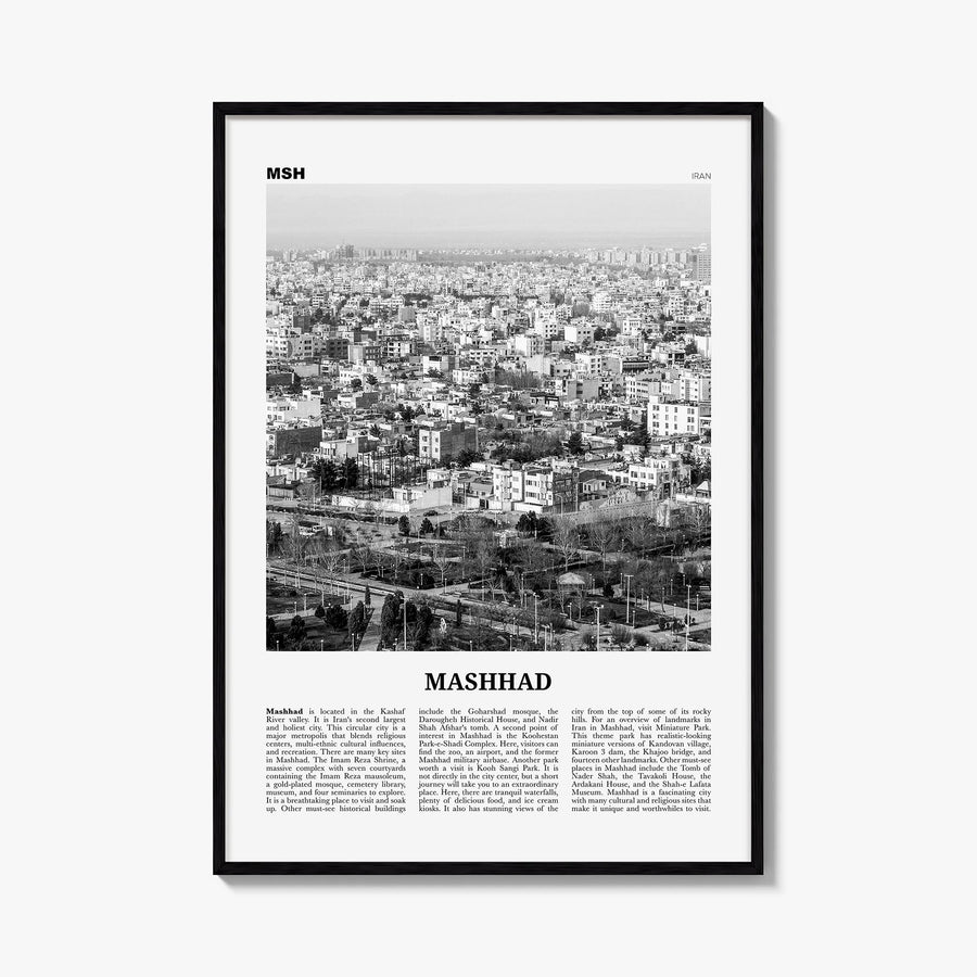 Mashhad black & white newspaper poster of Iran – vertical wall art, unframed print shown in interior mockup