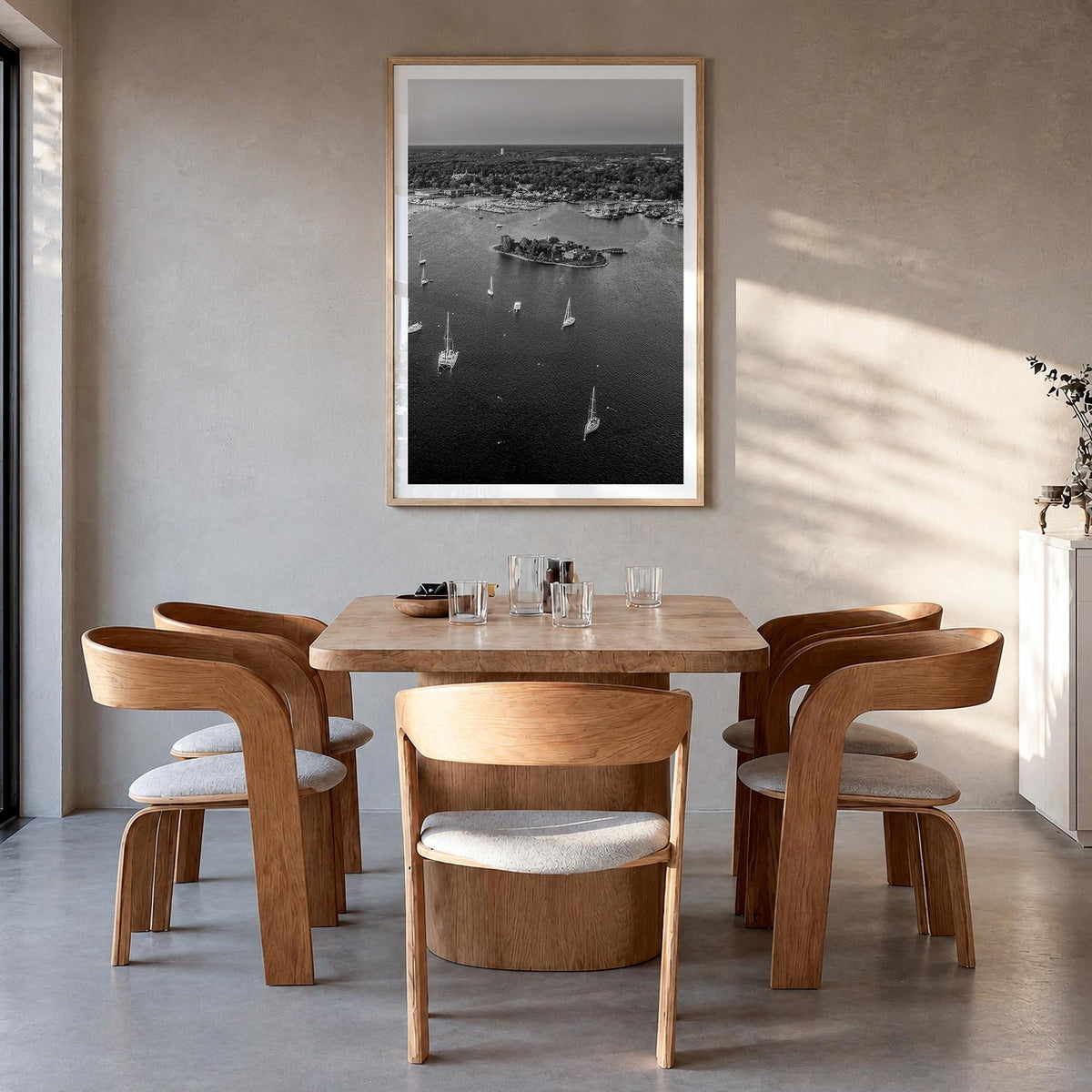 Massachusetts black & white photo poster of United States – vertical wall art in natural wood frame with white border, hangin