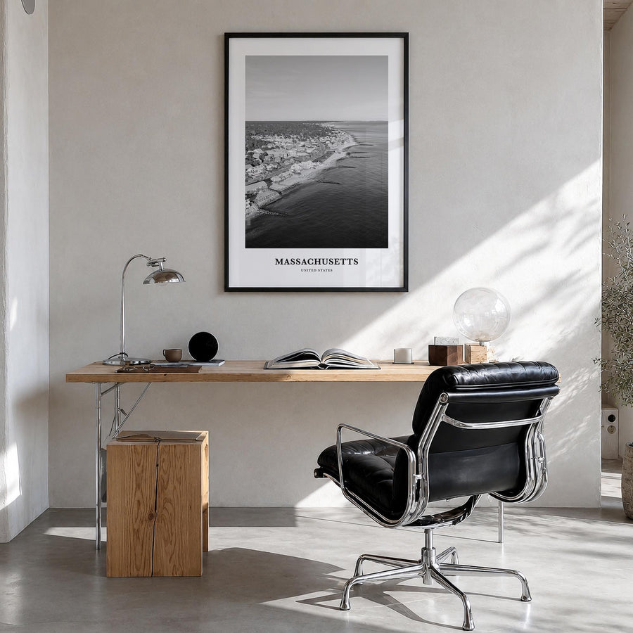 Massachusetts no. 1 black & white classic poster of United States – vertical wall art in black wood frame, hanging on wall