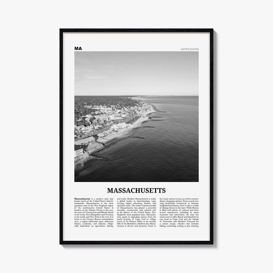 Massachusetts no. 1 black & white newspaper poster of United States – vertical wall art, unframed print shown in interior moc