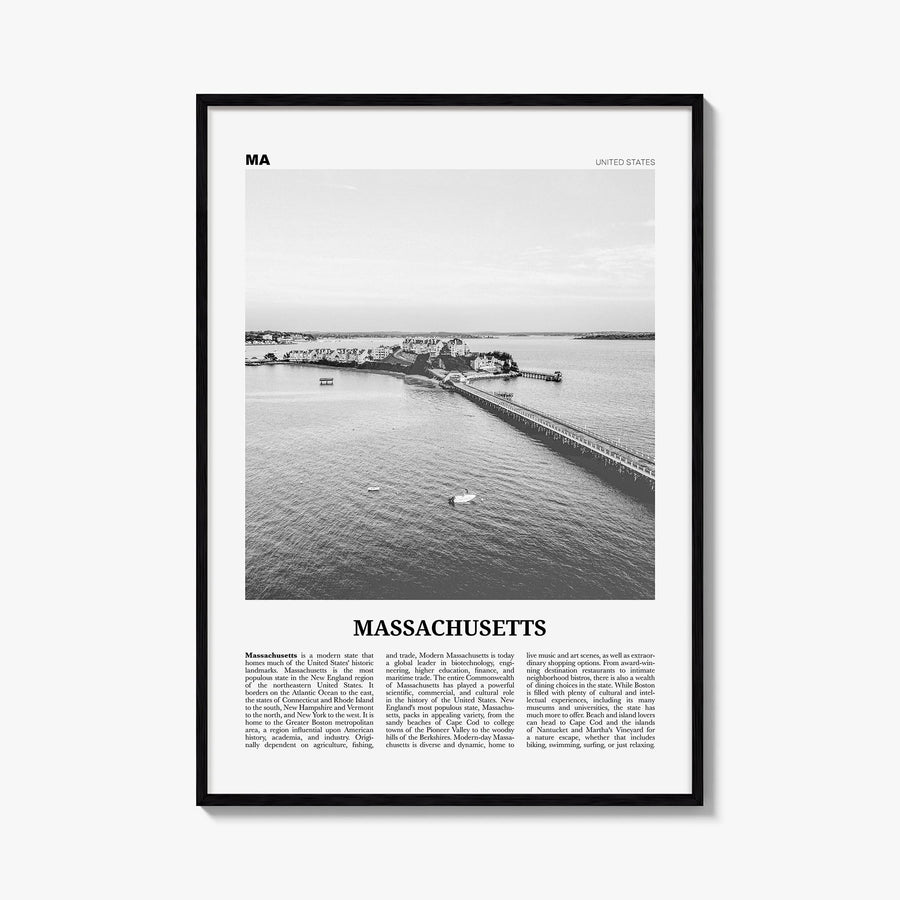 Massachusetts no. 2 black & white newspaper poster of United States – vertical wall art, unframed print shown in interior moc