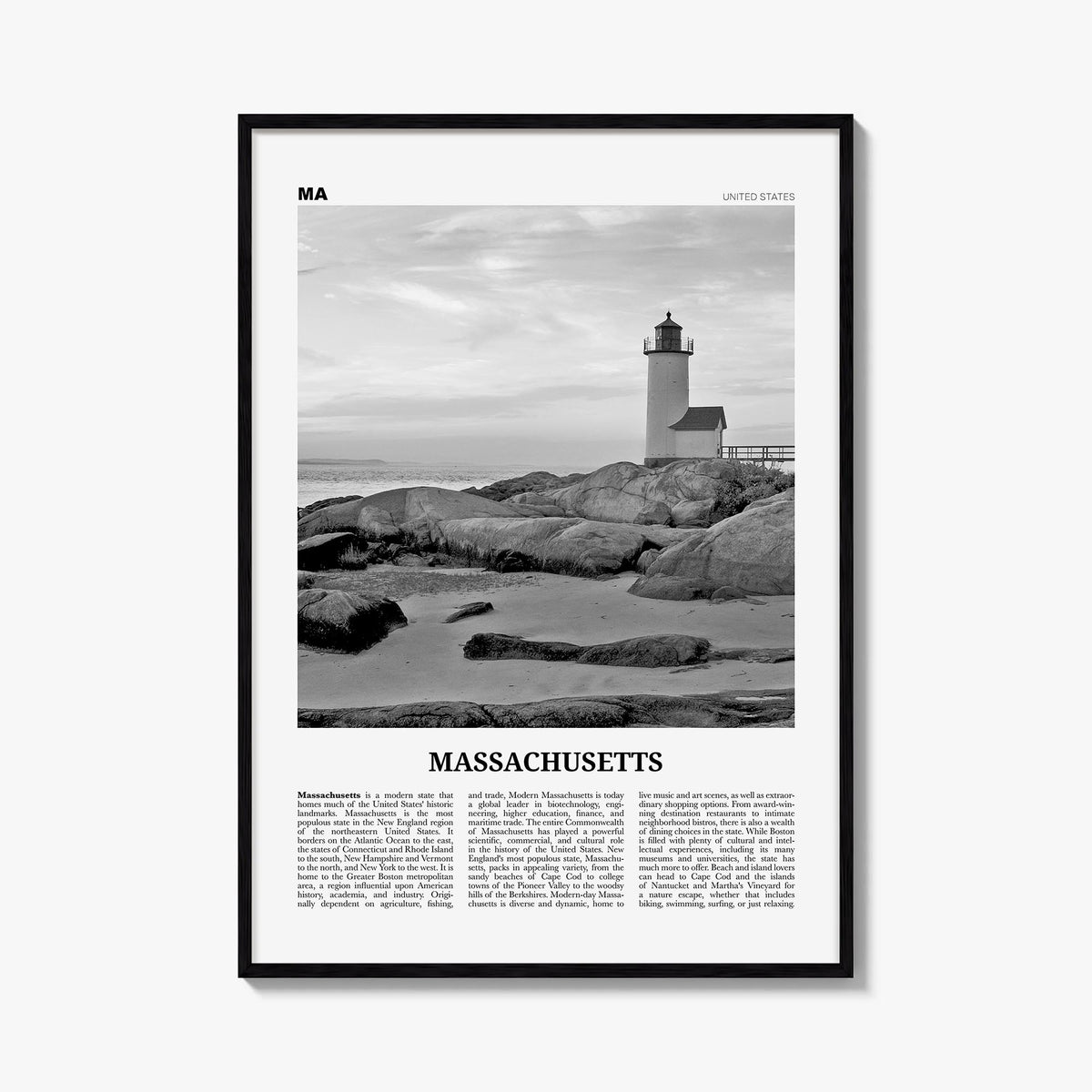 Massachusetts no. 3 black & white newspaper poster of United States – vertical wall art, unframed print shown in interior moc
