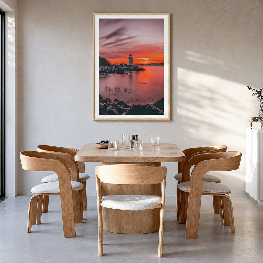 Massachusetts Photo Poster in a natural wood frame, hanging in a dining room, white border