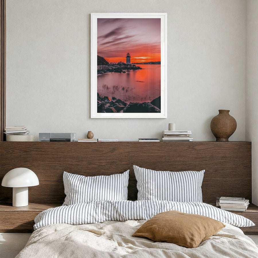 Massachusetts Photo Poster in a white wood frame, hanging in a bedroom, white border
