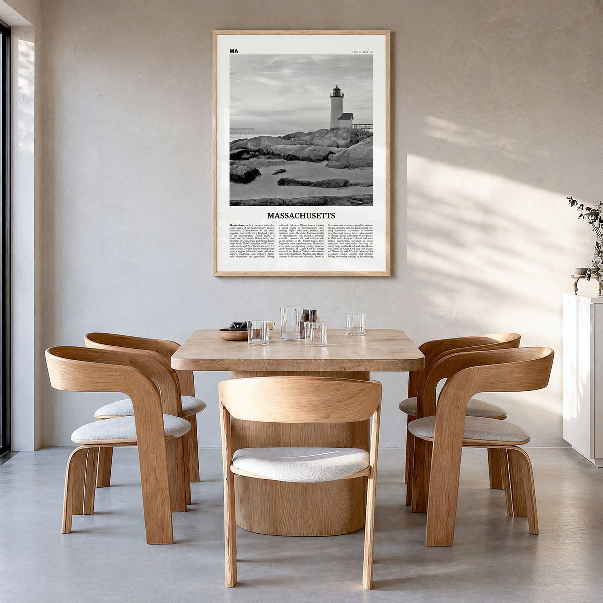 Massachusetts Newspaper No 3 Poster in a natural wood frame, hanging in a dining room