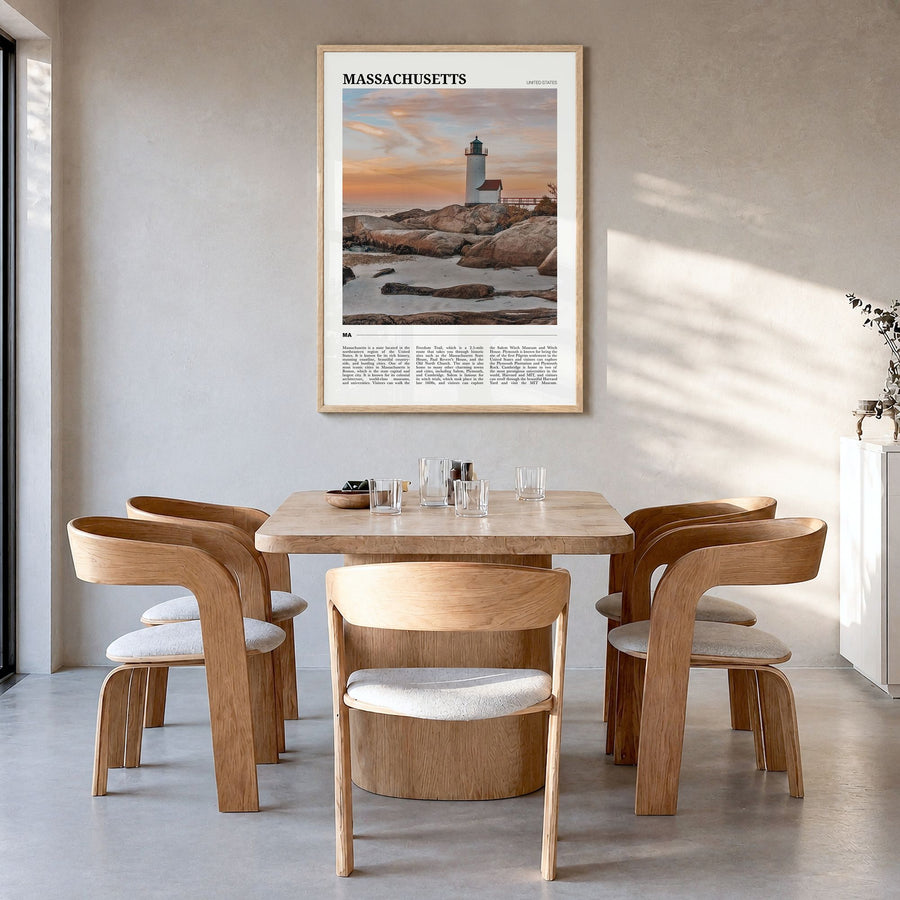 Massachusetts Travel Poster in a natural wood frame, hanging in a dining room