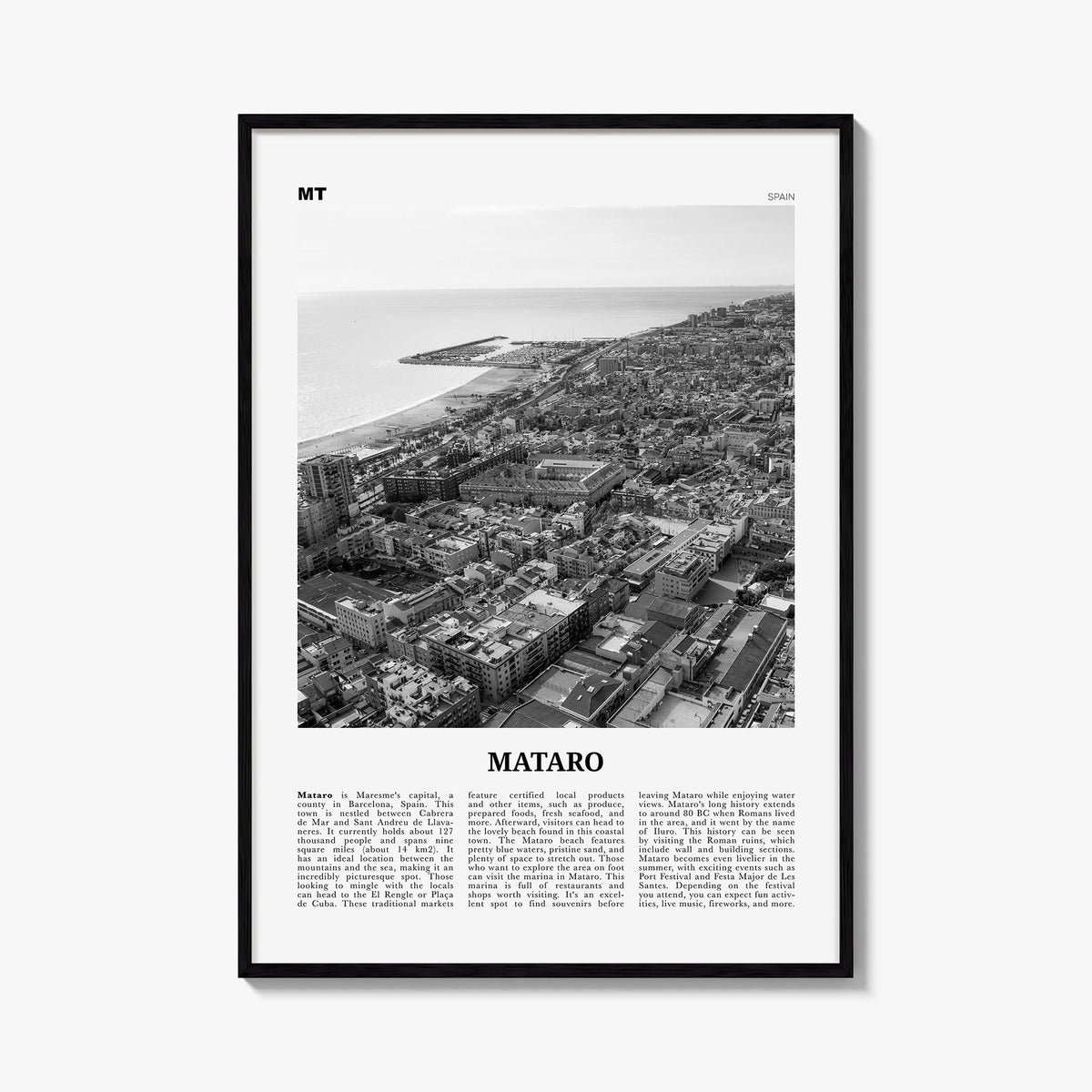 Mataró black & white newspaper poster of Spain – vertical wall art, unframed print shown in interior mockup
