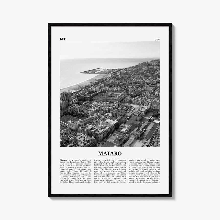 Mataró black & white newspaper poster of Spain – vertical wall art, unframed print shown in interior mockup