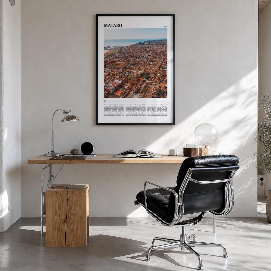 Mataró colorful travel poster of Spain – vertical wall art in black wood frame, hanging on wall