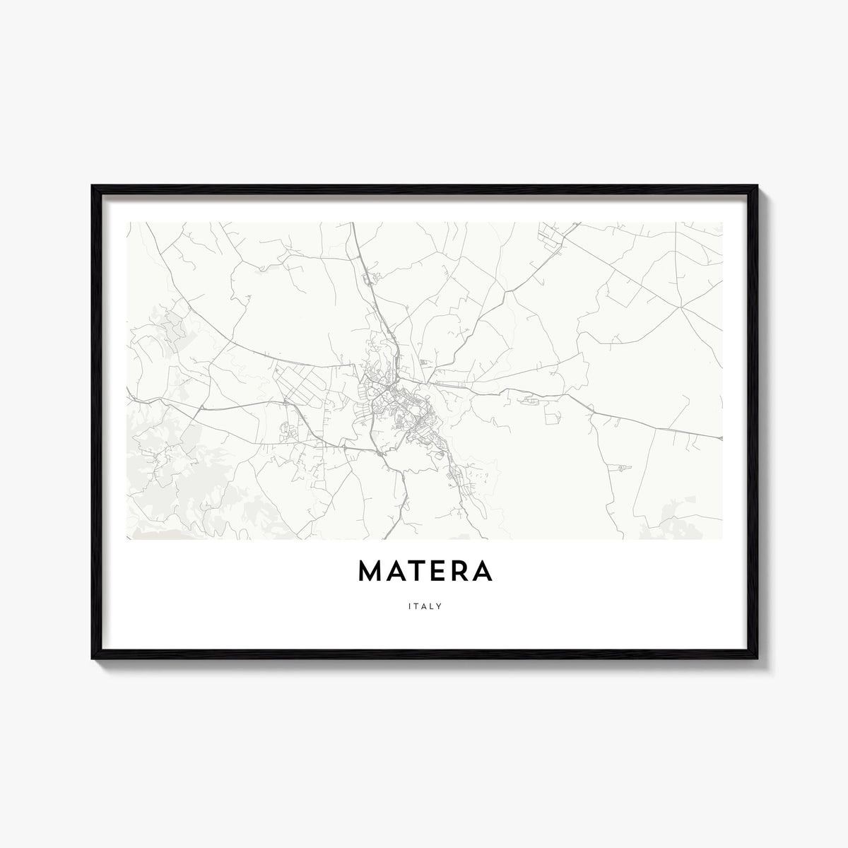 Matera black & white map poster of Italy – horizontal wall art, unframed print shown in interior mockup