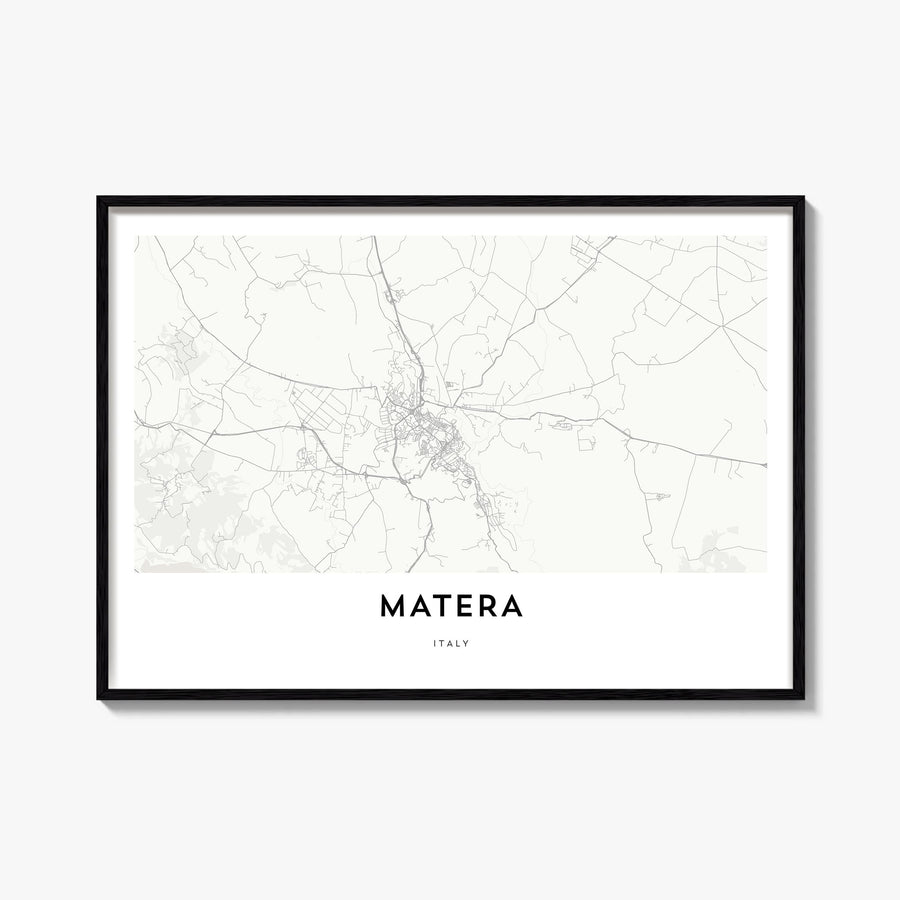 Matera black & white map poster of Italy – horizontal wall art, unframed print shown in interior mockup