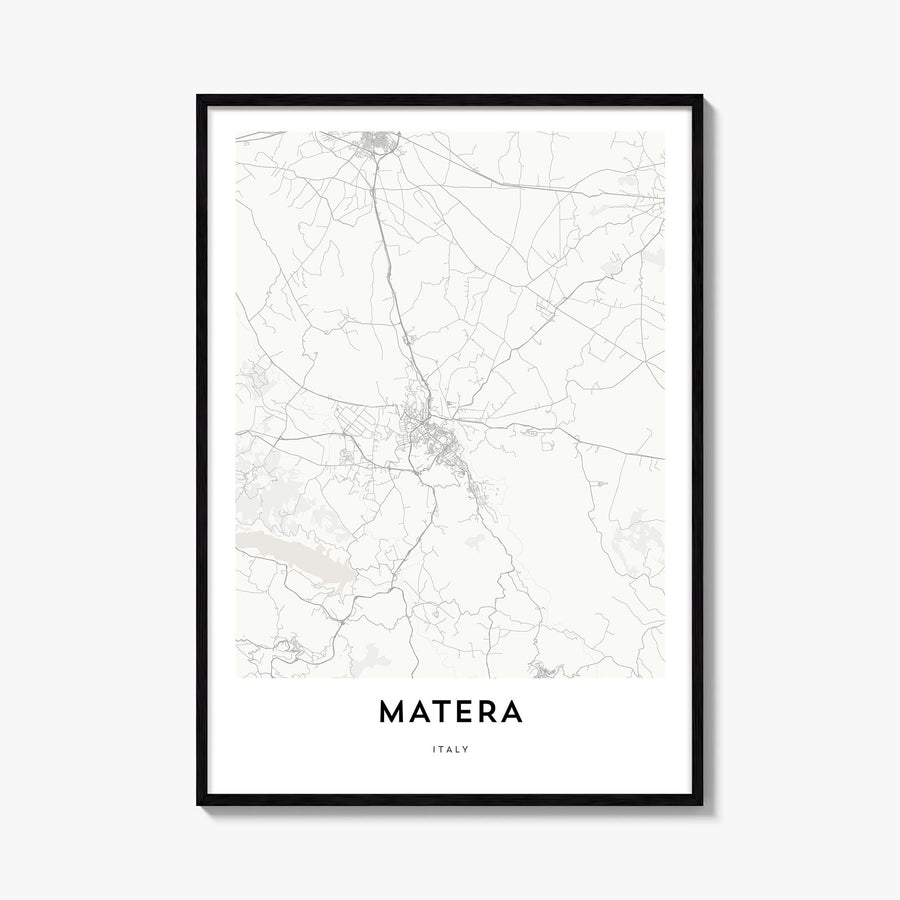 Matera black & white map poster of Italy – vertical wall art, unframed print shown in interior mockup
