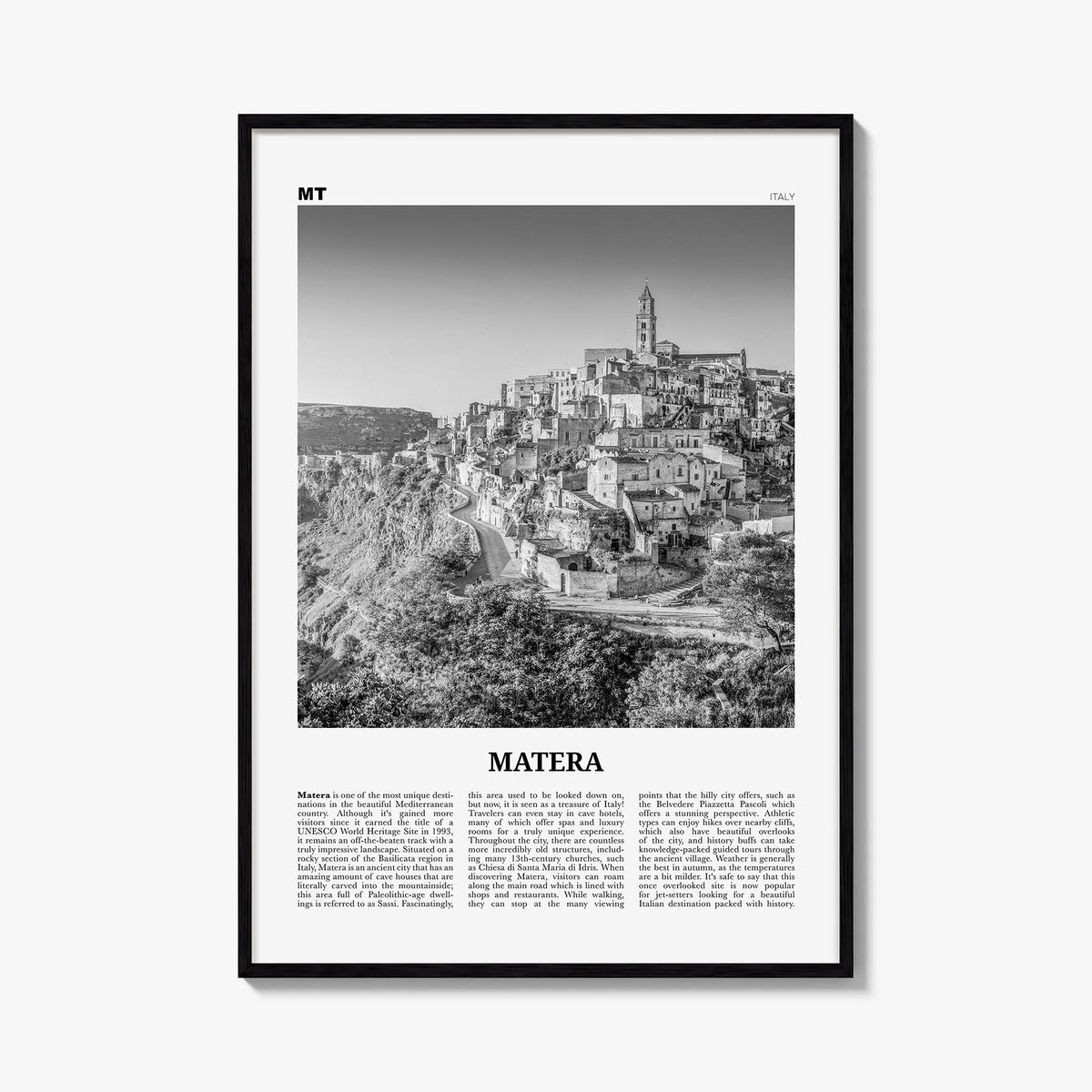 Matera black & white newspaper poster of Italy – vertical wall art, unframed print shown in interior mockup