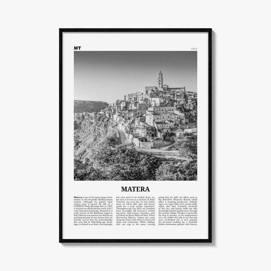 Matera black & white newspaper poster of Italy – vertical wall art, unframed print shown in interior mockup