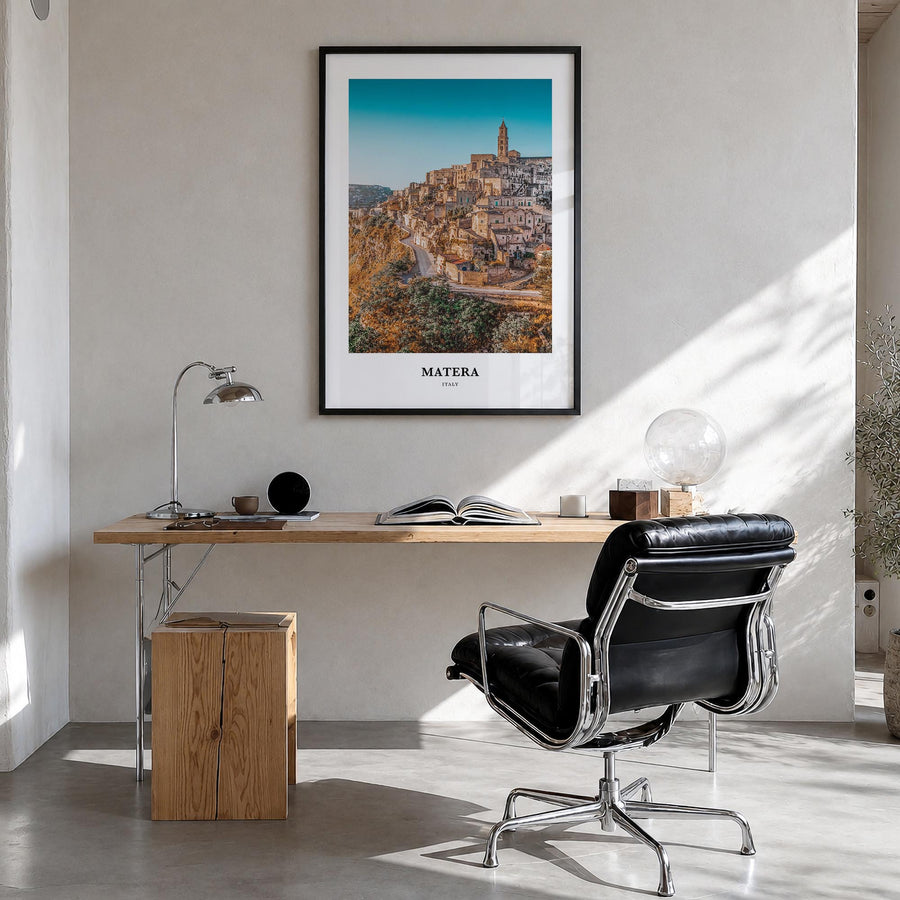 Matera colorful classic poster of Italy – vertical wall art in black wood frame, hanging on wall