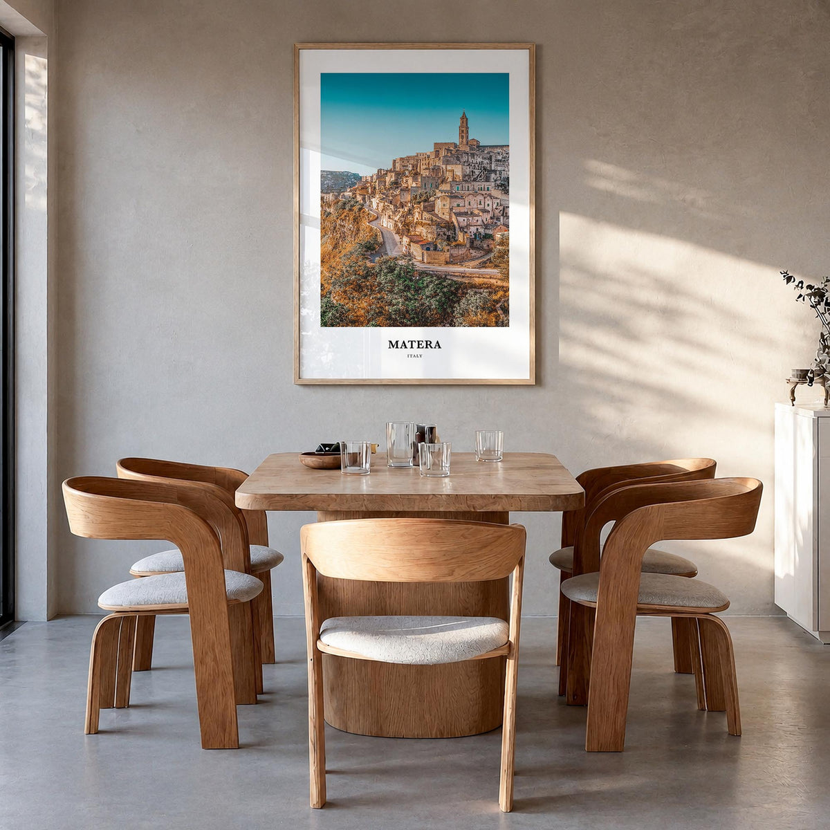 Matera colorful classic poster of Italy – vertical wall art in natural wood frame, hanging on wall