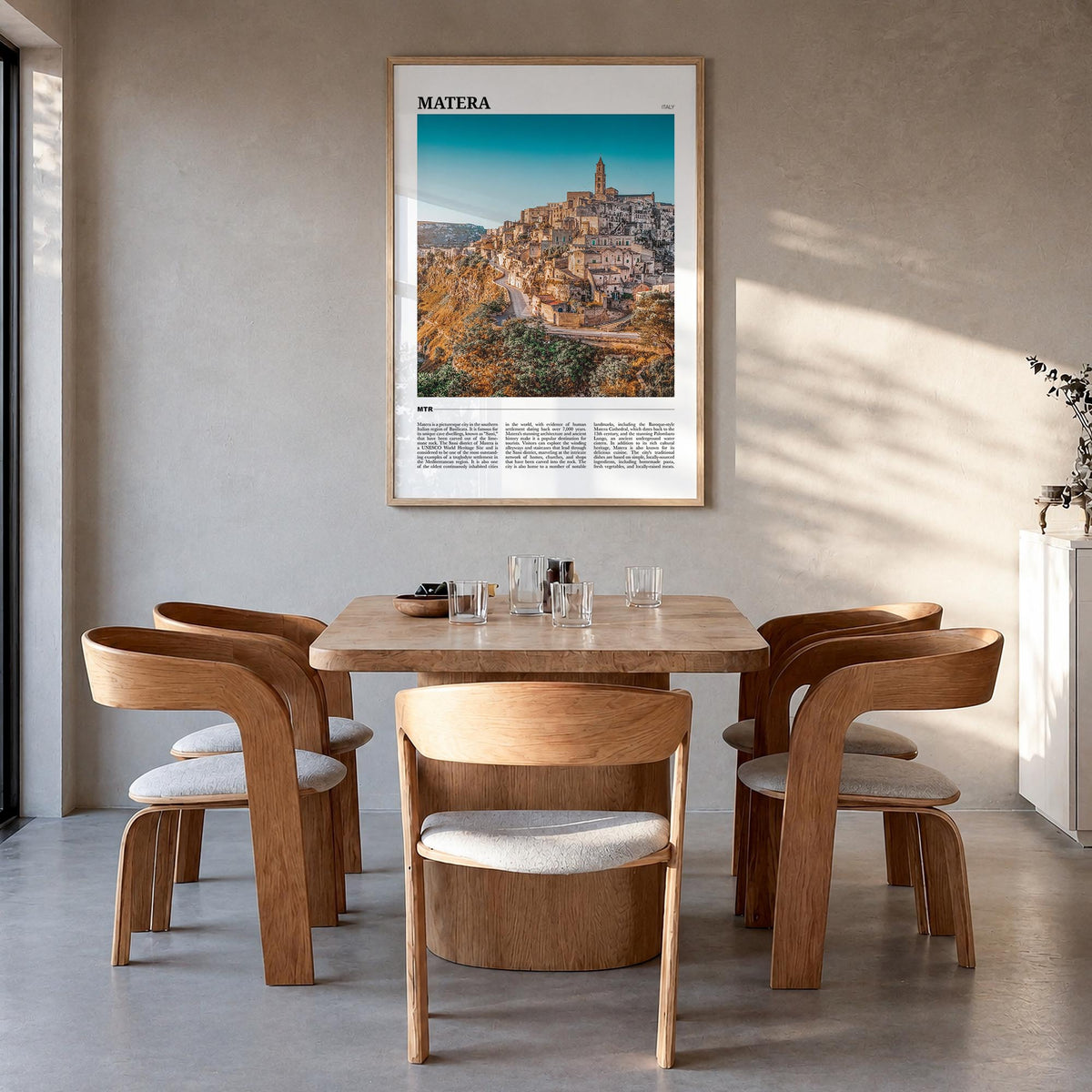 Matera colorful travel poster of Italy – vertical wall art in natural wood frame, hanging on wall